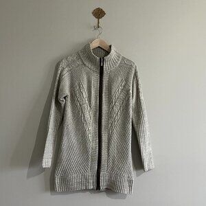 VENUS Beige Brown Faux Leather Trim Full Zip Cable Knit Cardigan Sweater - Small